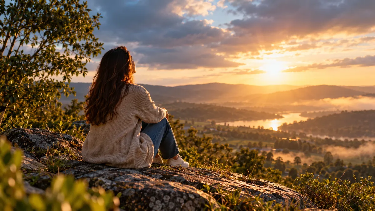 Una mujer contempla la luz del amanecer sobre un valle después de la tormenta