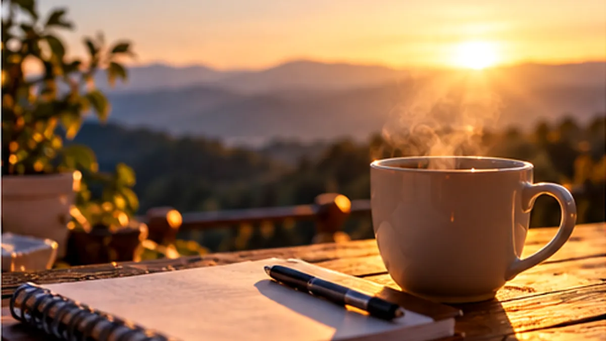 Una taza de café y un cuaderno sobre una mesa iluminada por el amanecer