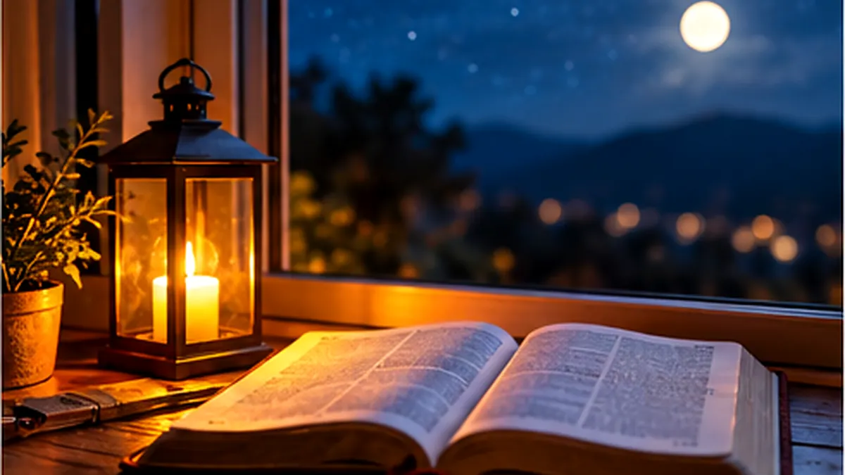 Una Biblia abierta y una linterna encendida frente a una ventana bajo la luna