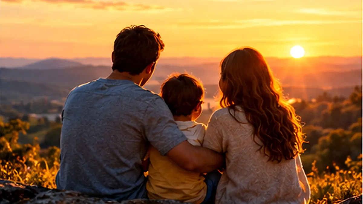 Una madre y un padre abrazan a su hijo mientras contemplan juntos el atardecer