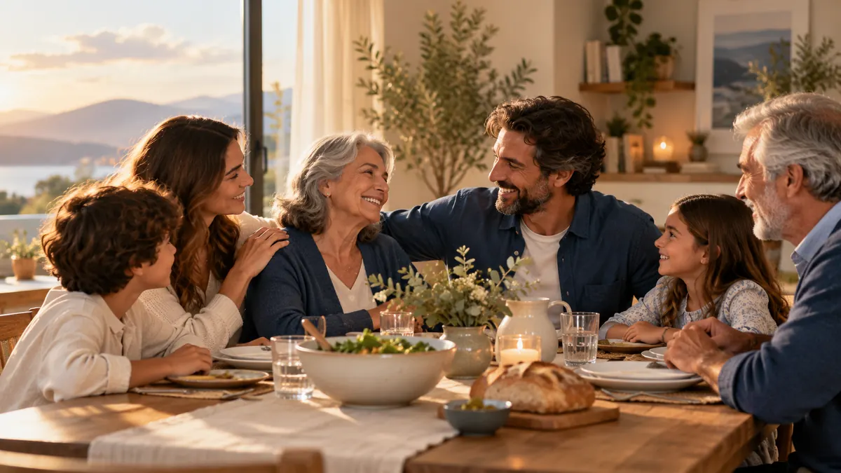 Familia compartiendo una conversación en una mesa al atardecer