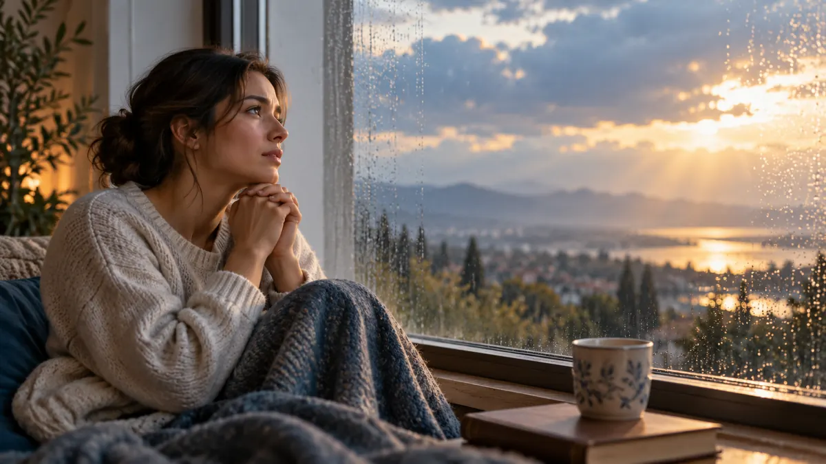 Mujer contemplando el paisaje después de la lluvia, junto a una ventana