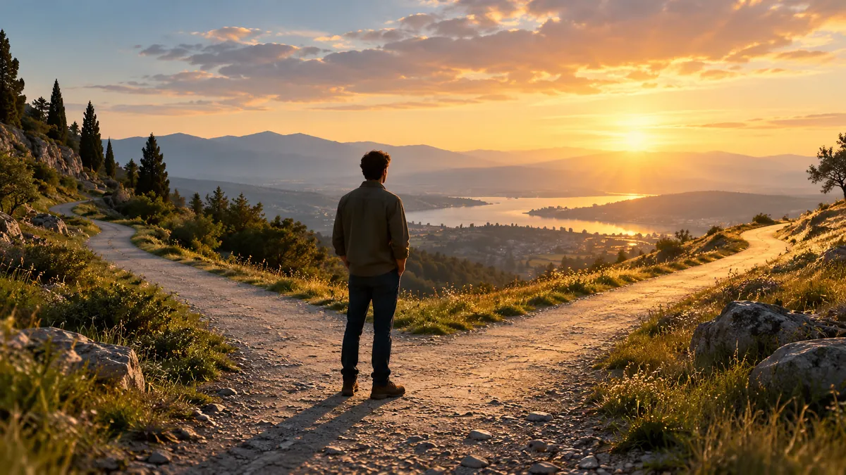 Una persona contempla dos caminos entre montañas bajo la luz del atardecer