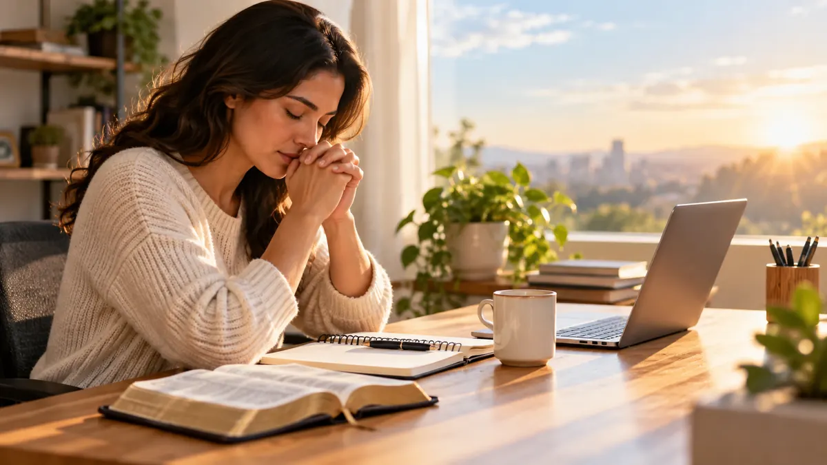 Mujer haciendo una pausa de oración junto a una mesa de trabajo