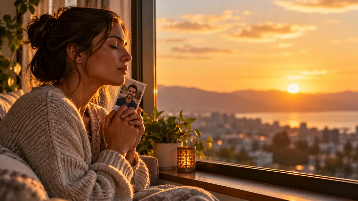 Mujer orando ante la luz cálida del atardecer