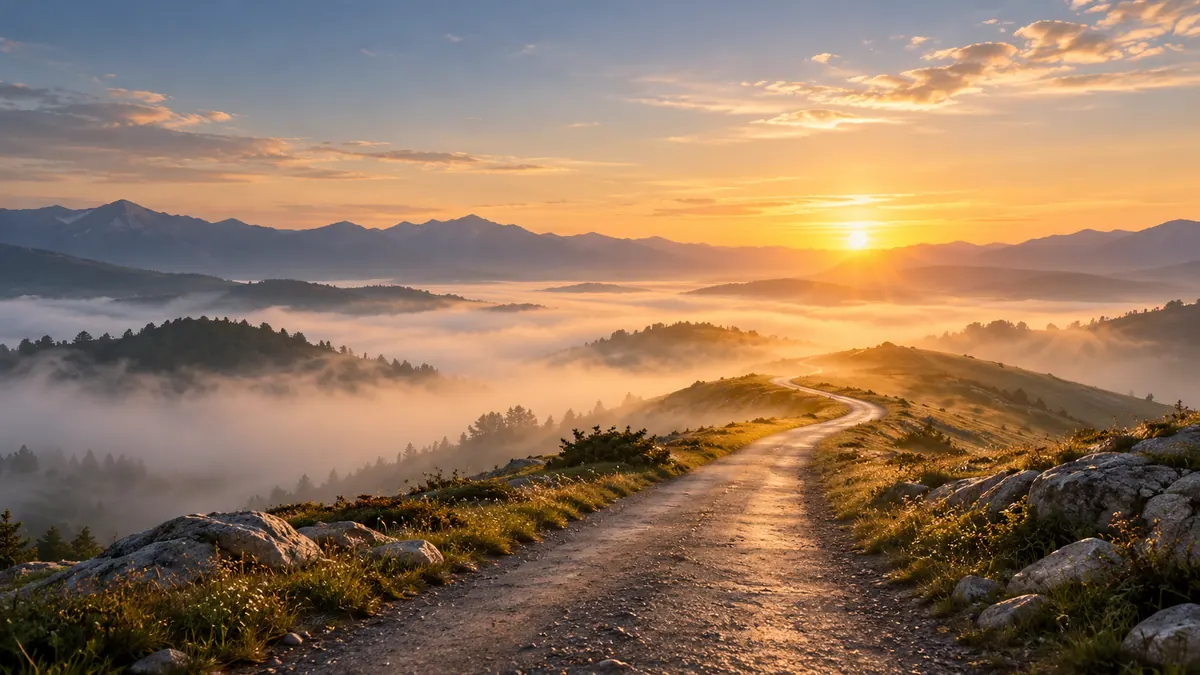 Camino largo entre montañas al amanecer