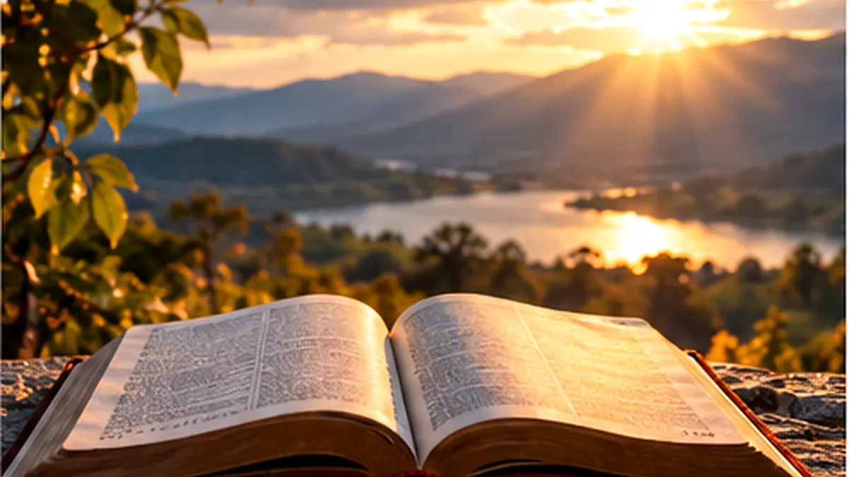 Una Biblia abierta al aire libre frente a montañas y la luz del amanecer