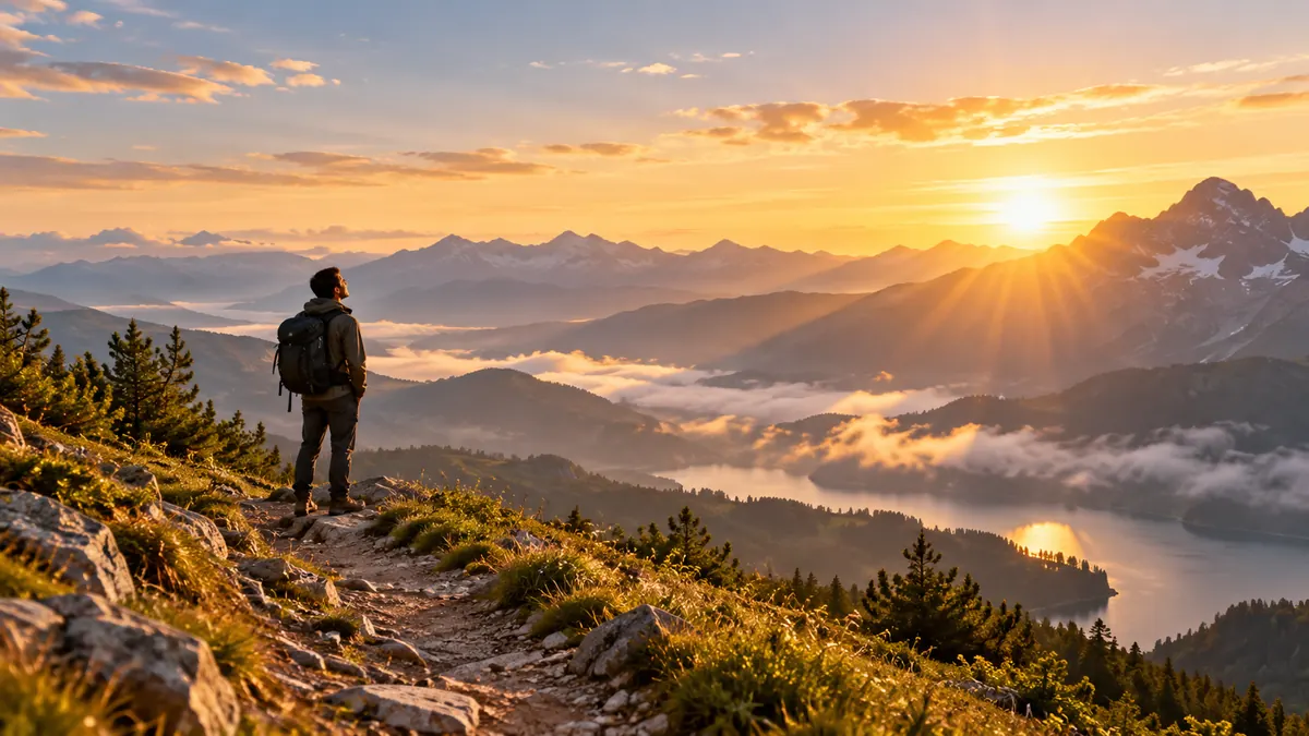 Caminante ante un valle y montañas iluminados por el amanecer
