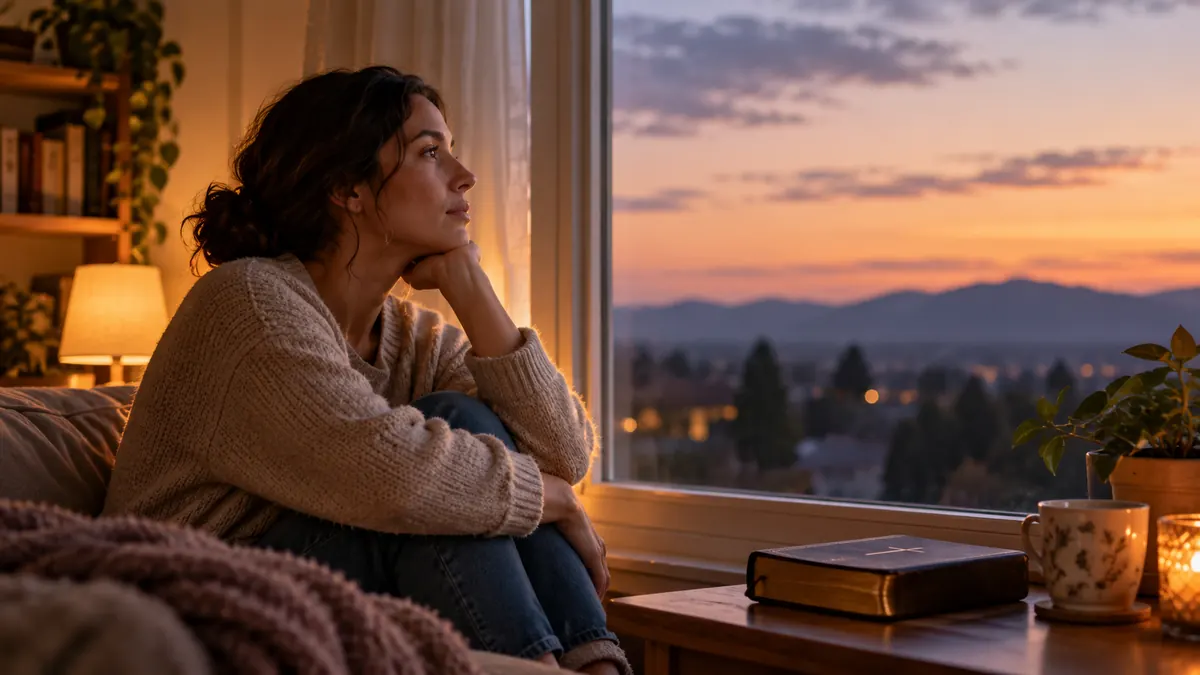 Mujer mirando al horizonte con una Biblia cerca de la ventana