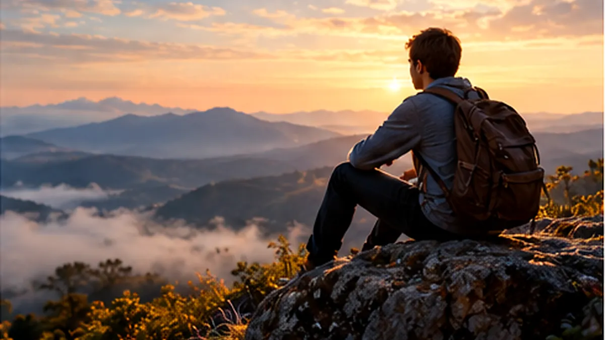 Un hombre contempla desde una montaña un horizonte iluminado después de un día difícil