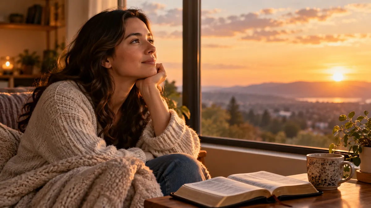 Mujer contemplando en silencio el paisaje desde un sillón