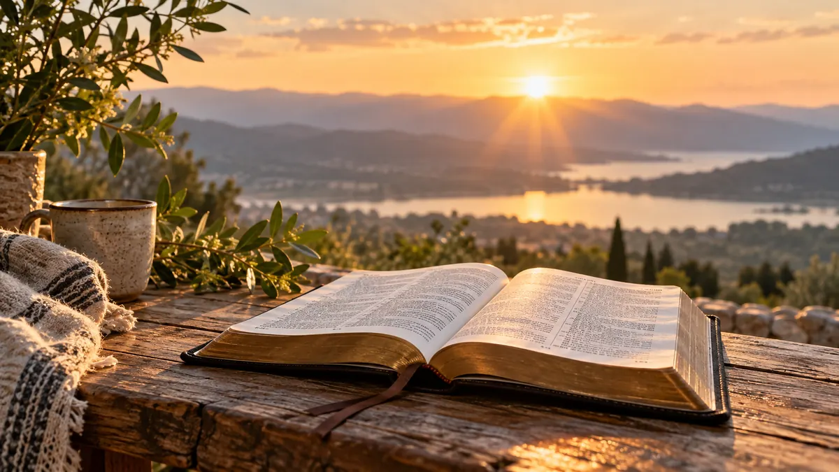 Biblia abierta sobre una mesa con paisaje iluminado al fondo