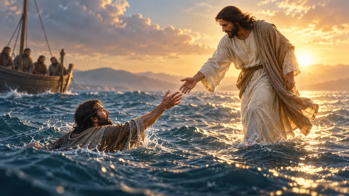 Ilustración de Jesús ofreciendo la mano a Pedro en el agua