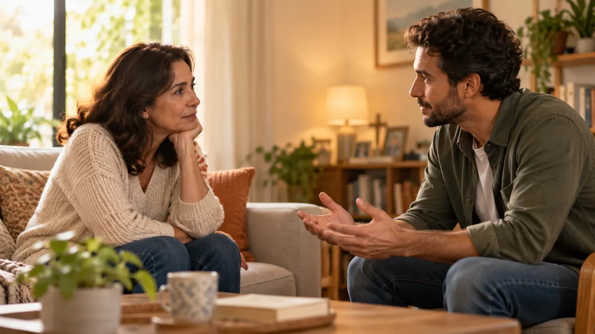 Pareja conversando con atención y respeto en casa