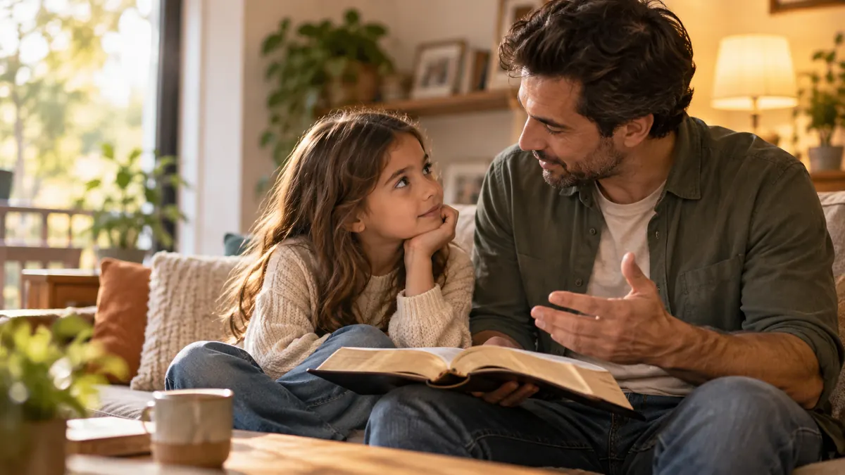 Padre escuchando a su hija mientras comparten una lectura