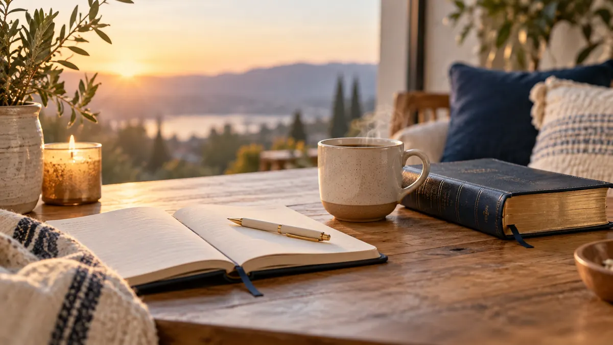 Cuaderno abierto junto a una Biblia y una taza al amanecer