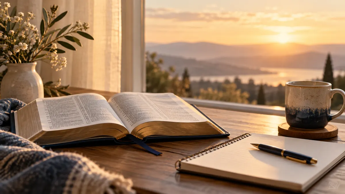 Biblia abierta y cuaderno junto a una ventana al amanecer