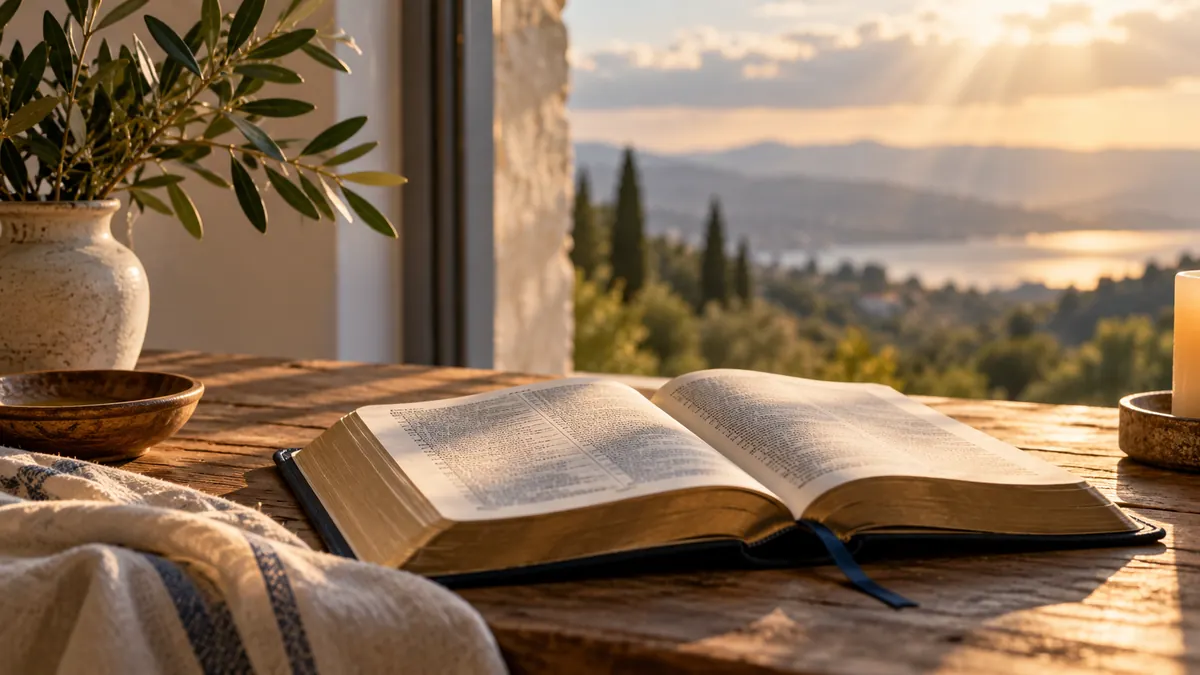 Biblia abierta sobre una mesa de madera iluminada por luz suave de la mañana